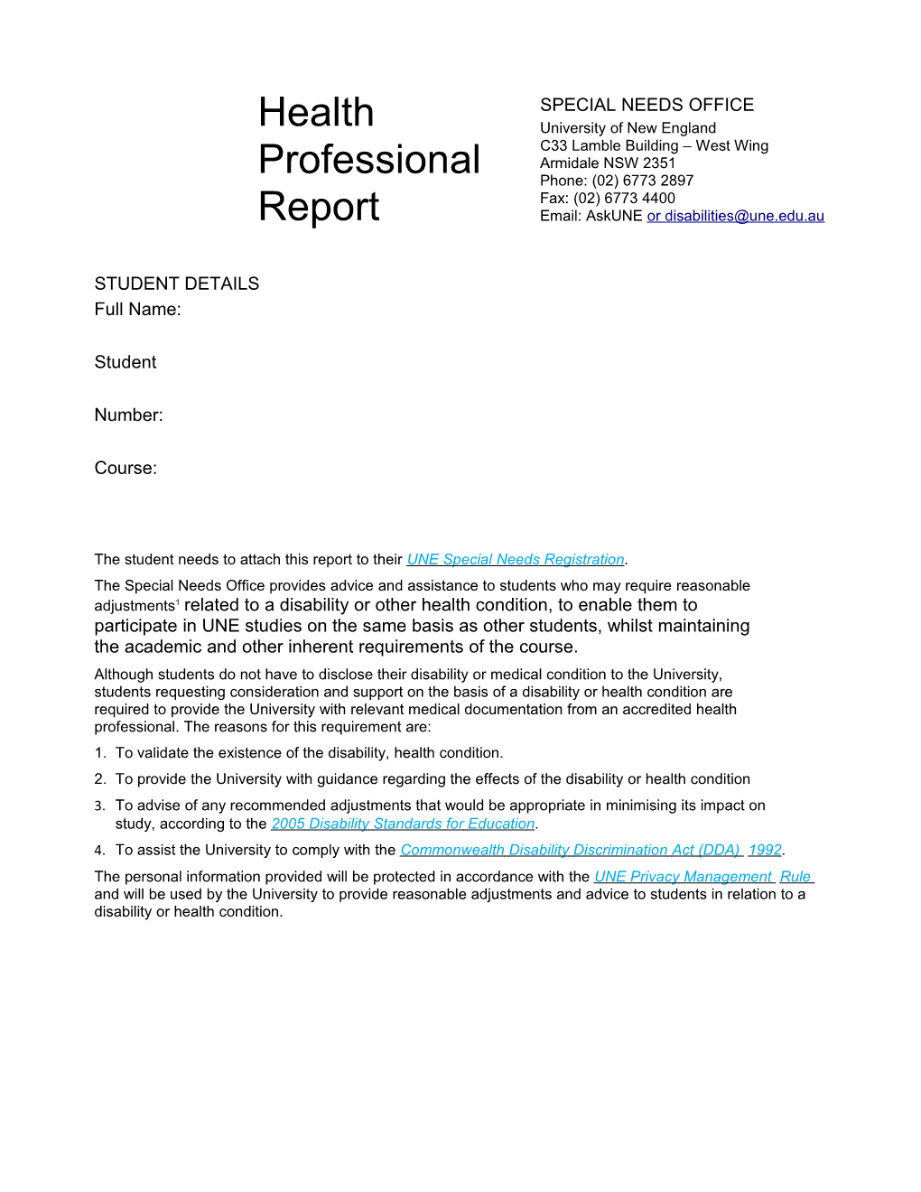 UNE Special Needs Office Health Professional Report