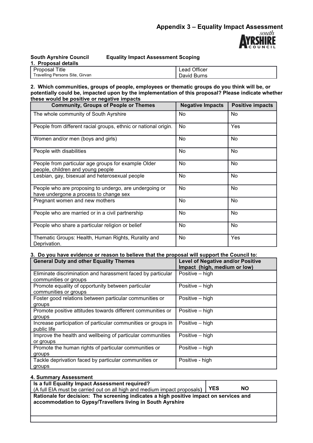 Appendix 3 Equality Impact Assessment