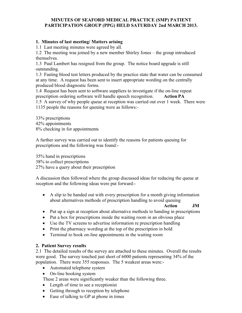 Minutes of Seaford Medical Practice Patient Participation Group Held Saturday 26Th November 2011