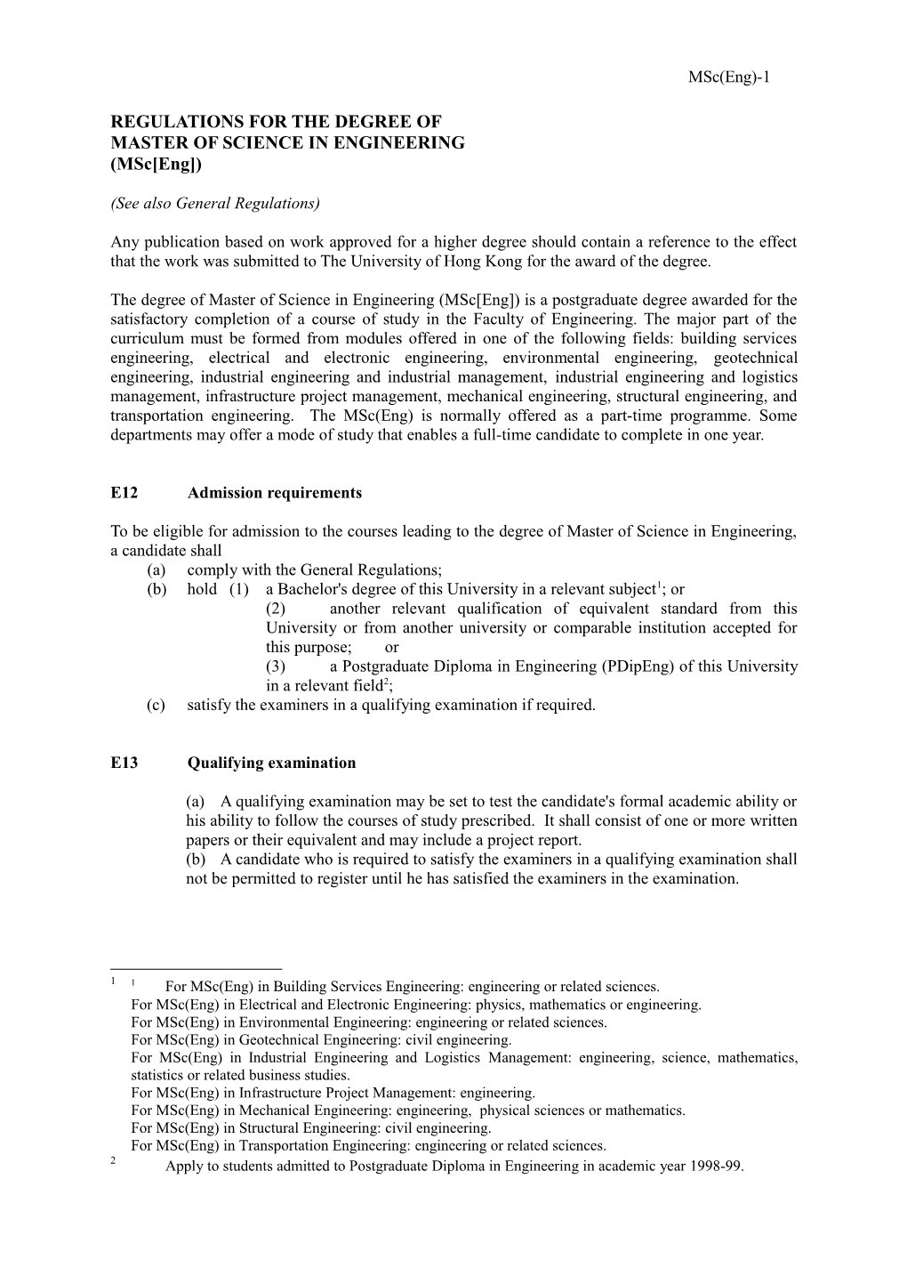 Regulations for the Degree of Master of Science in Engineering (Msc Eng )