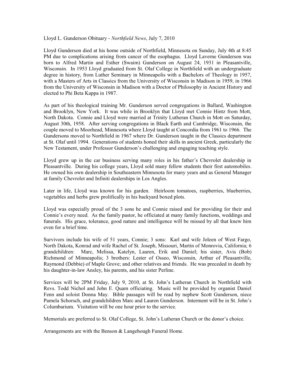 Lloyd L. Gunderson Obituary - Northfield News, July 7, 2010