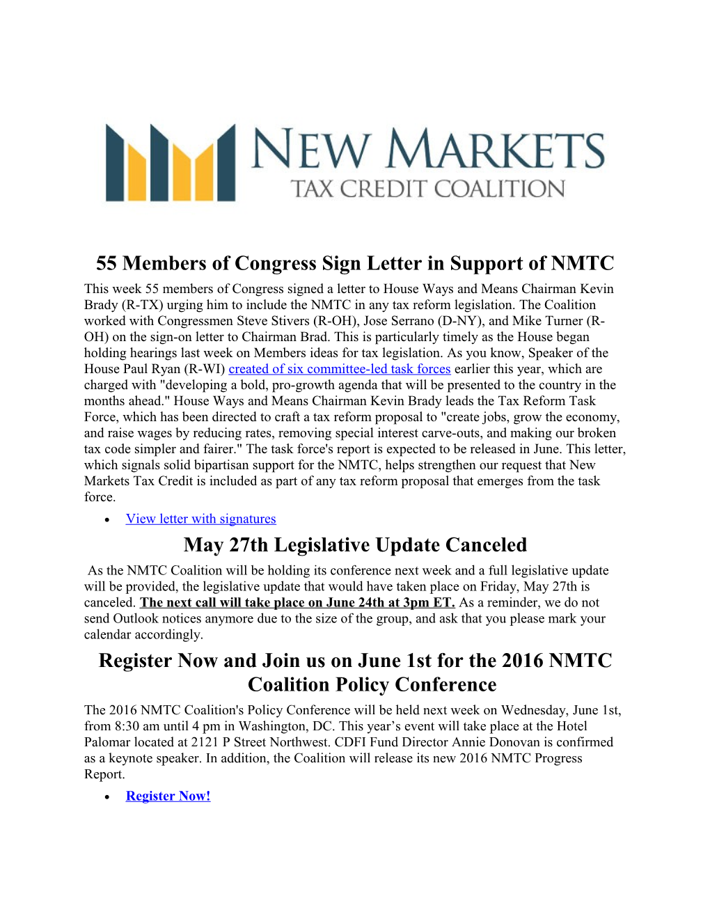 55 Members of Congress Sign Letter in Support of NMTC