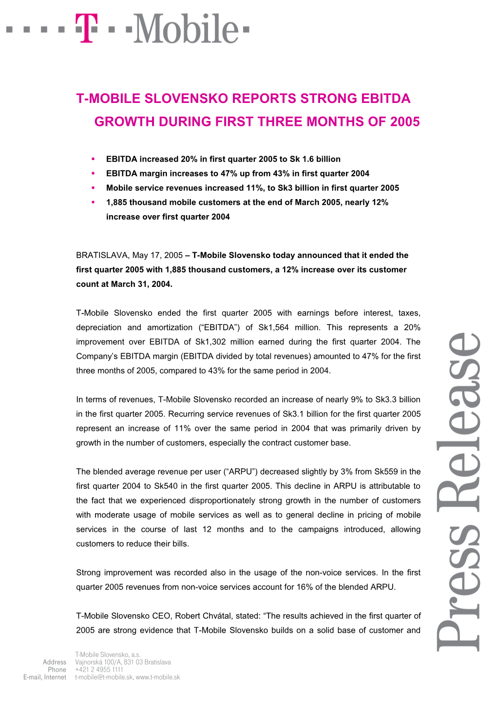 T-Mobile Slovensko Reports Strong Ebitda Growth During First Three Months of 2005