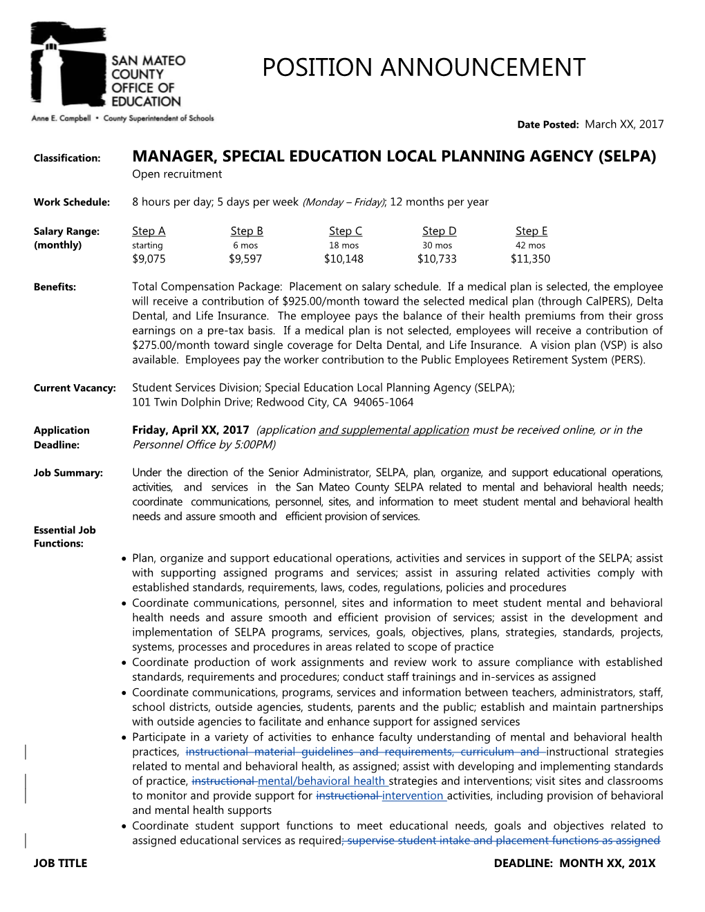 Classification:MANAGER, SPECIAL EDUCATION LOCAL PLANNING AGENCY (SELPA)