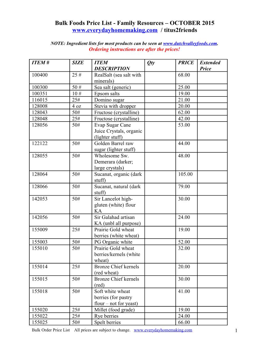 Bulk Foods Price List -Family Resources OCTOBER 2015