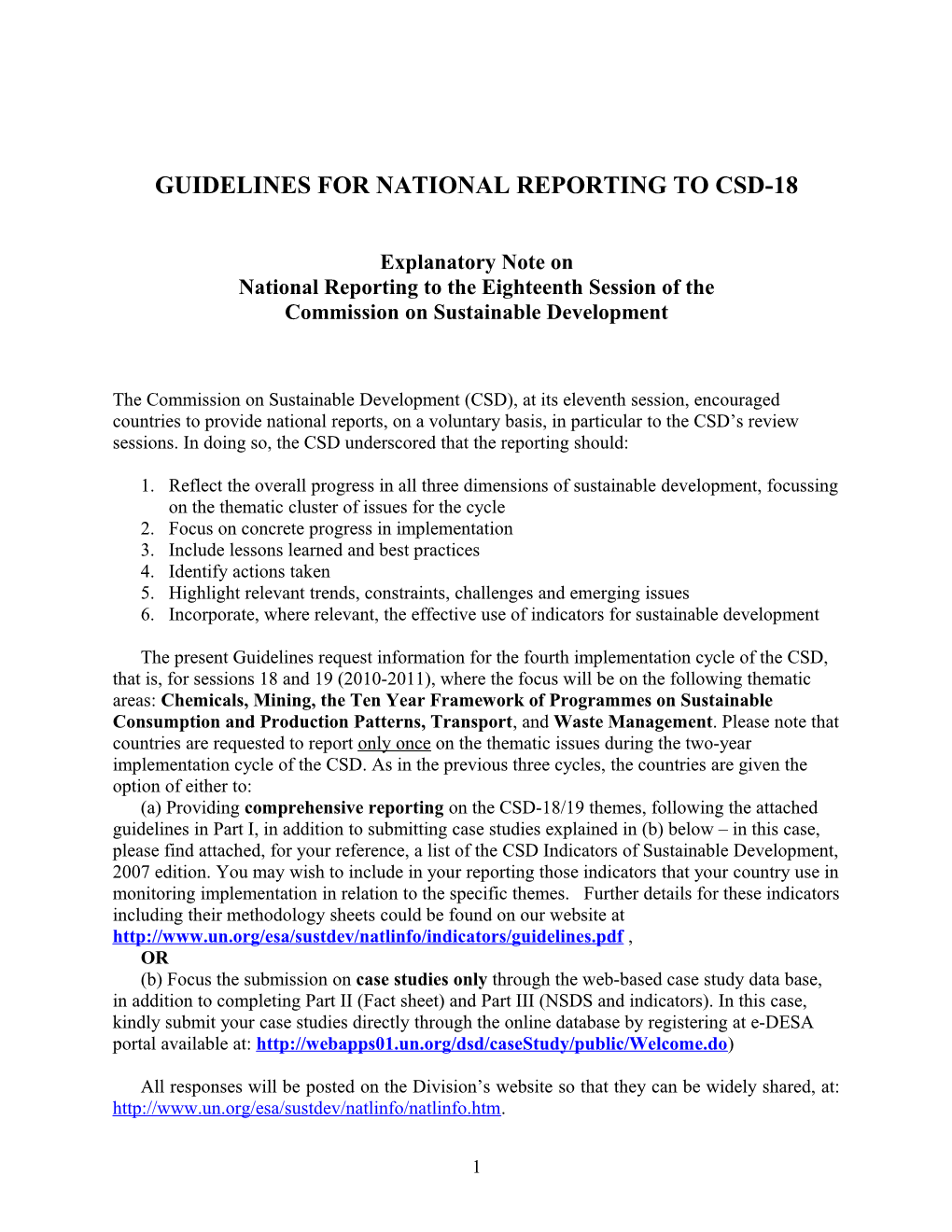 National Reporting Guidelines for Csd-18/19 Thematic Areas
