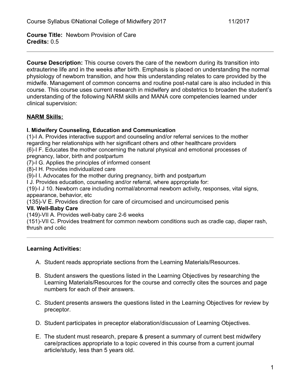 Course Title: Newborn Provision of Care