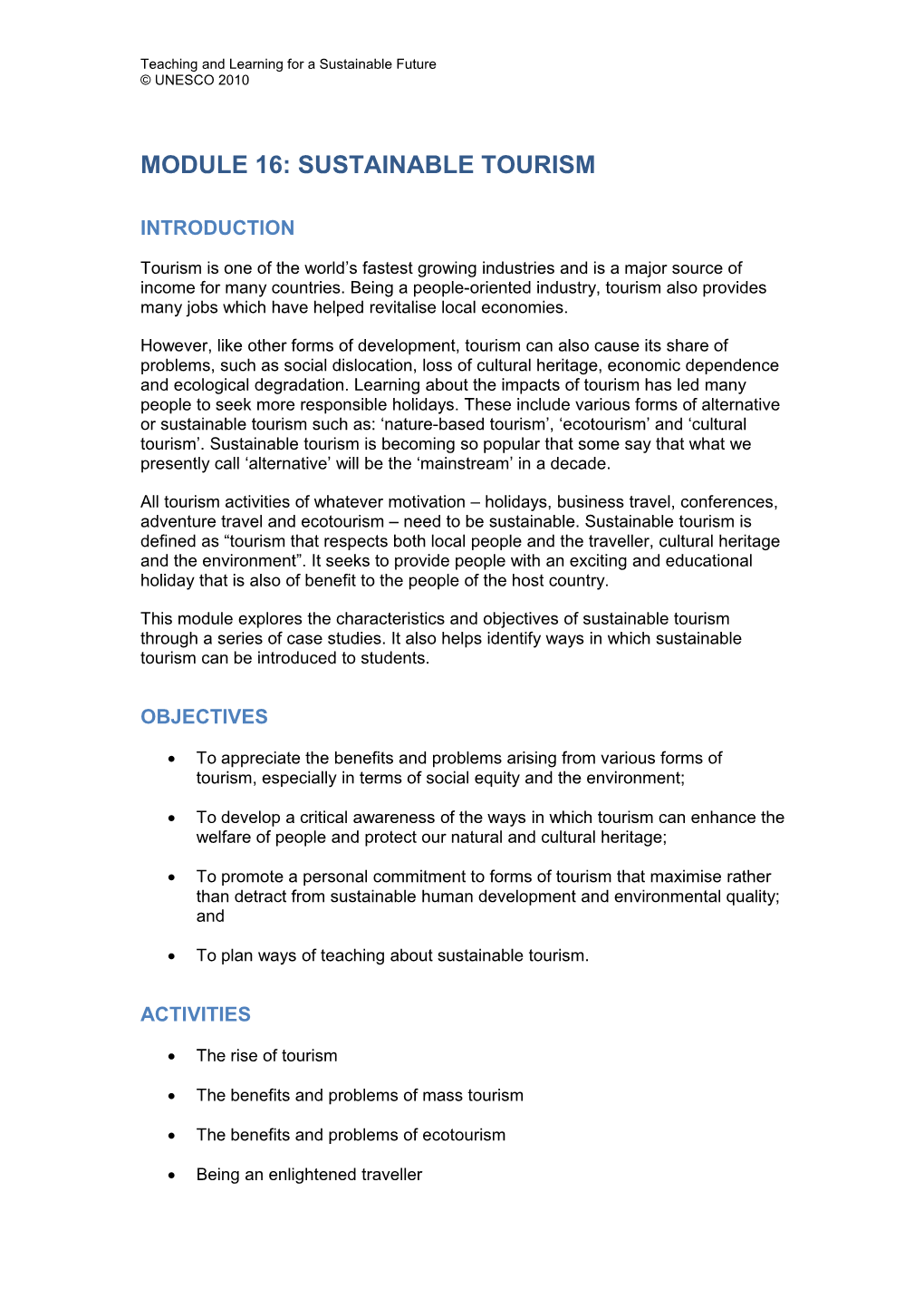 Module 16: Sustainable Tourism