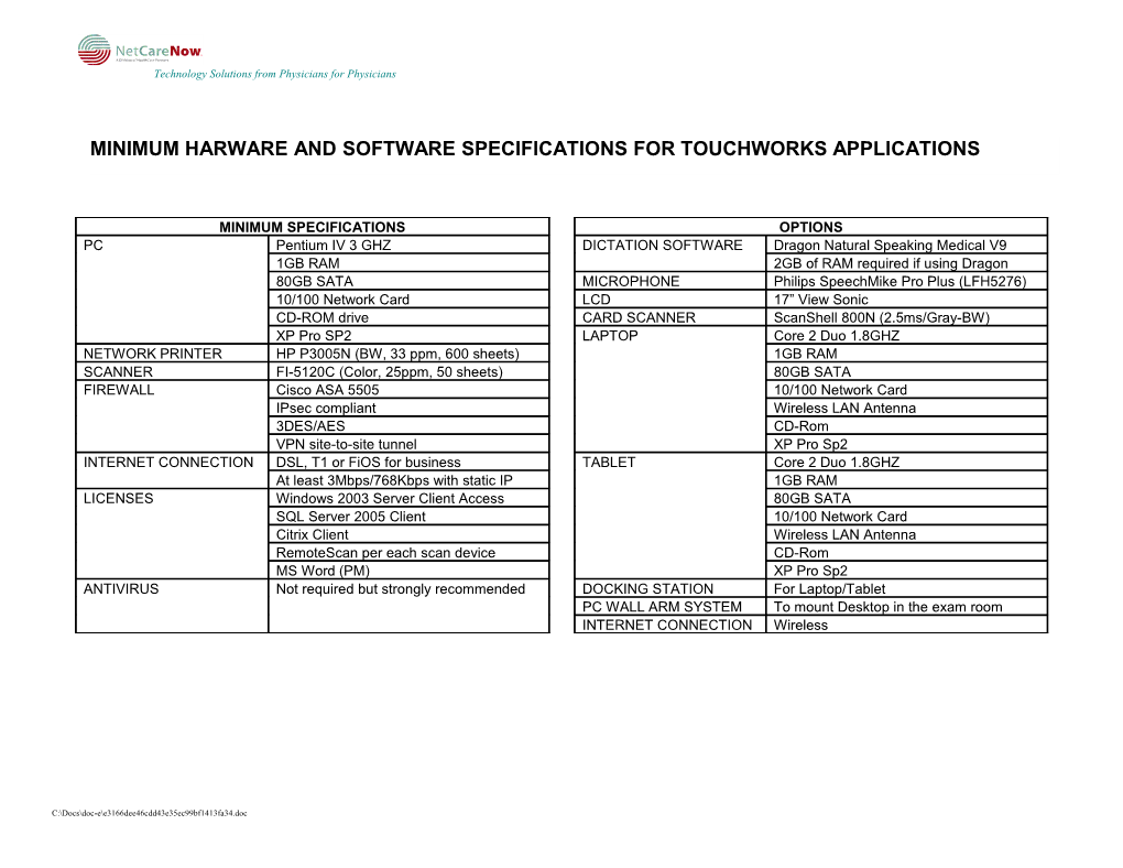Minimum Pc Specifications for Touchworks
