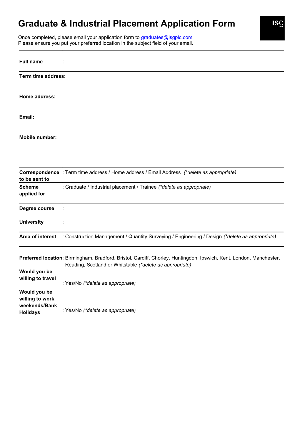 Graduate & Industrial Placement Application Form