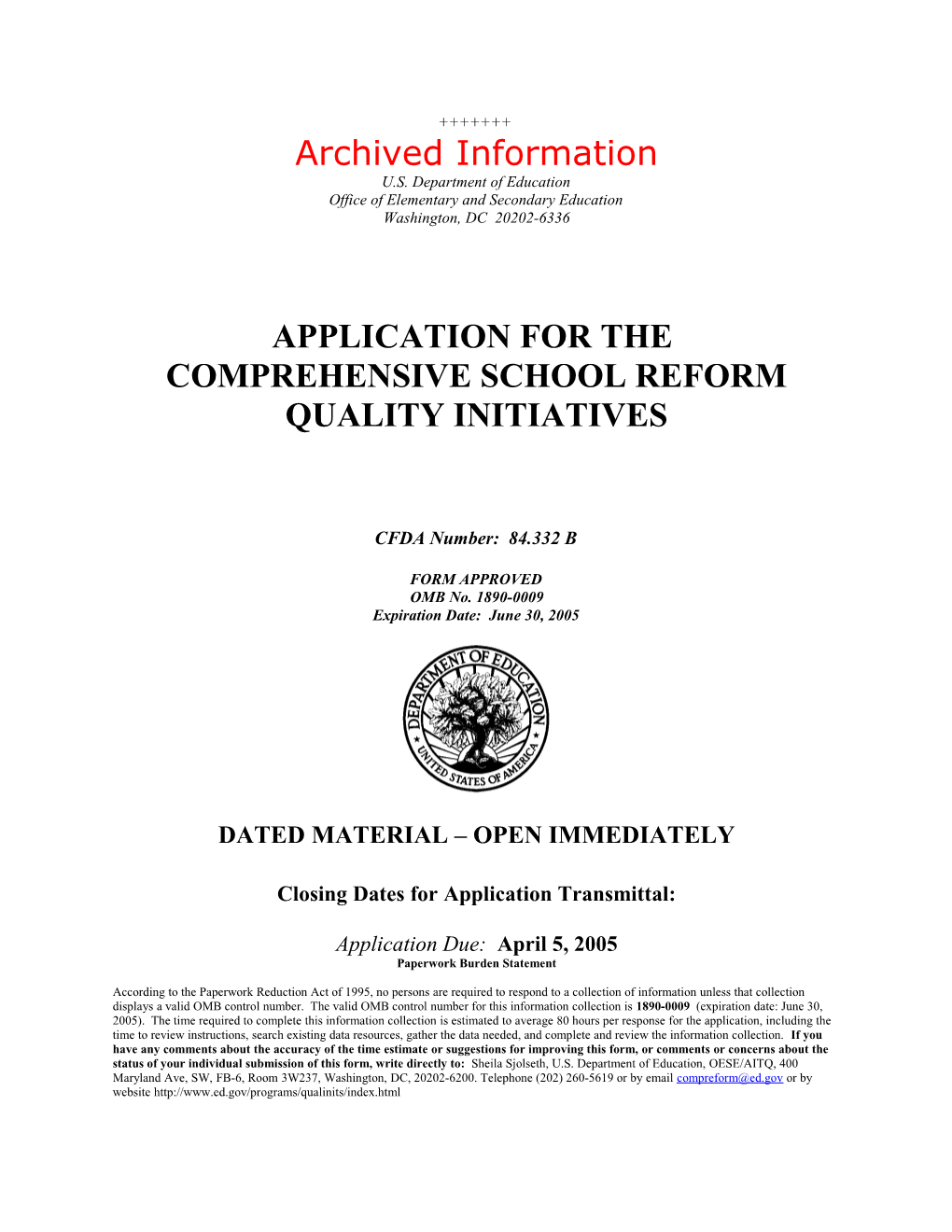 Archived: Application for the Comprehensive School Reform Quality Initiatives (MS Word)