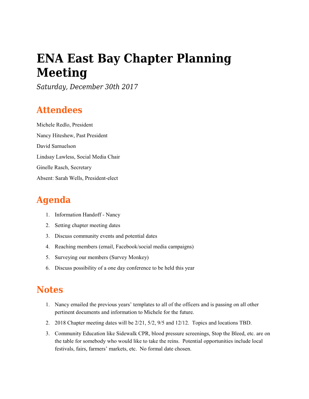 ENA East Bay Chapter Planning Meeting