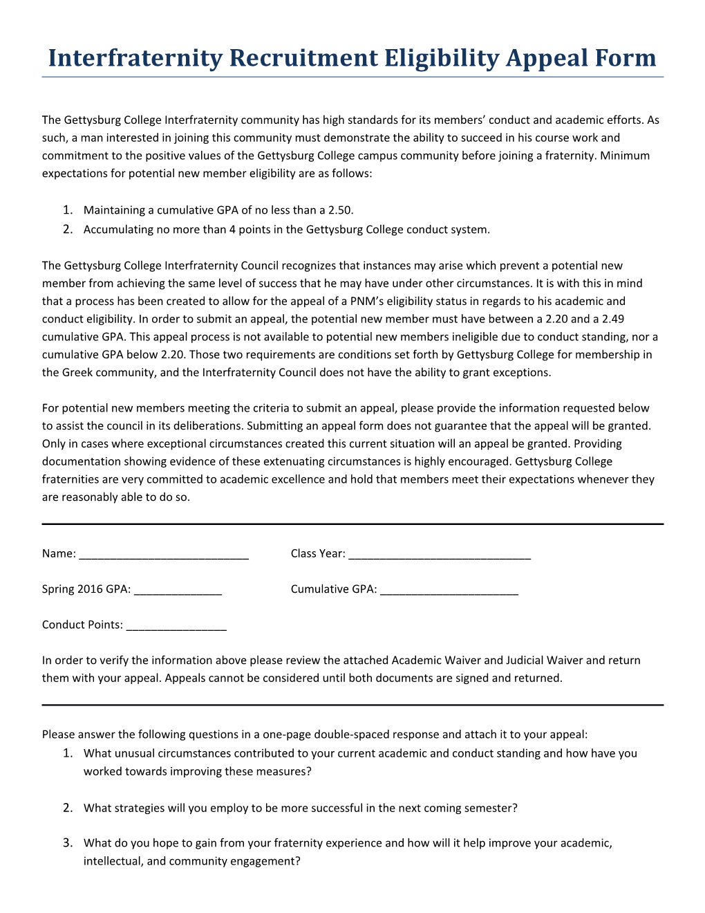 Interfraternity Recruitment Eligibility Appeal Form