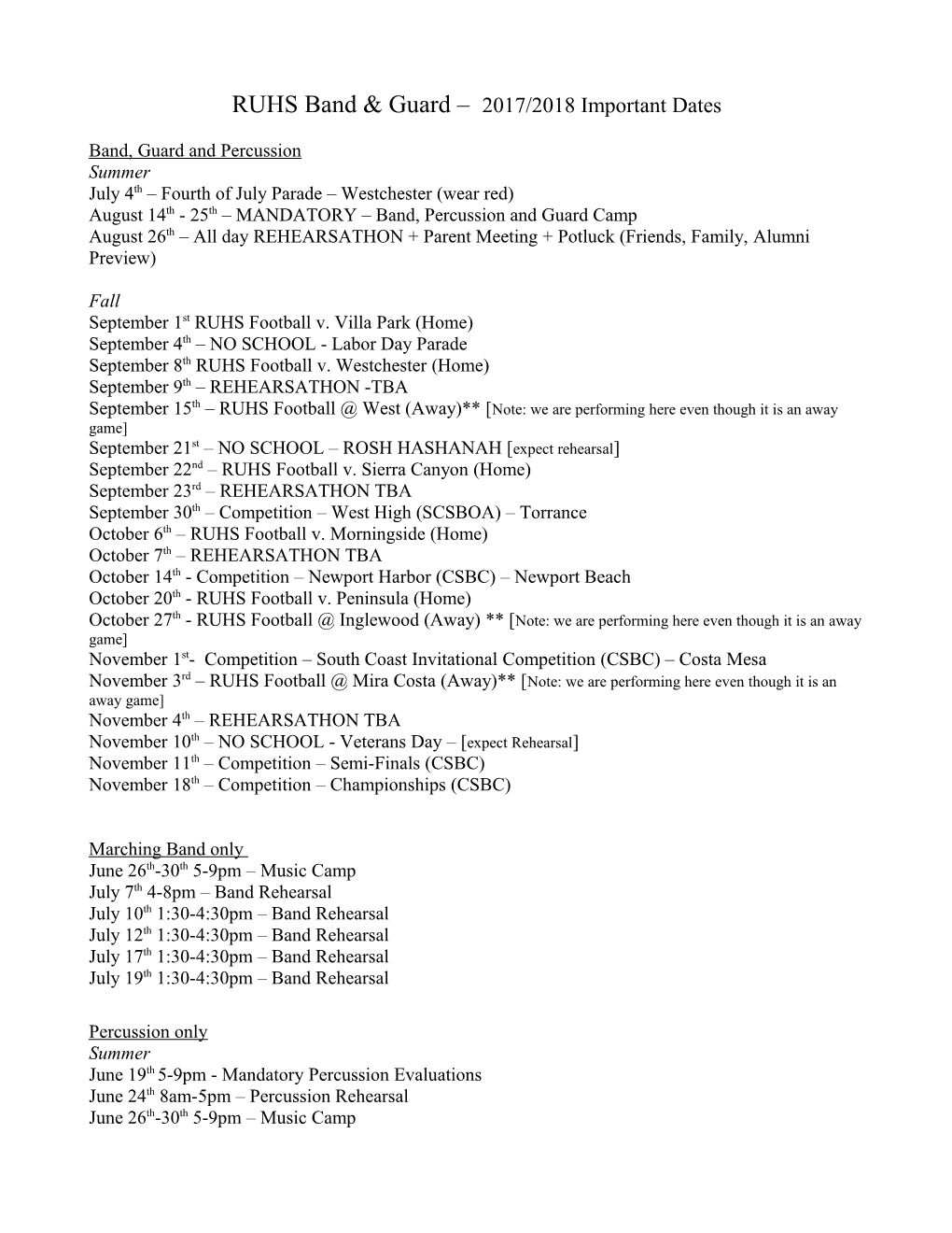 RUHS Band & Guard 2017/2018 Important Dates