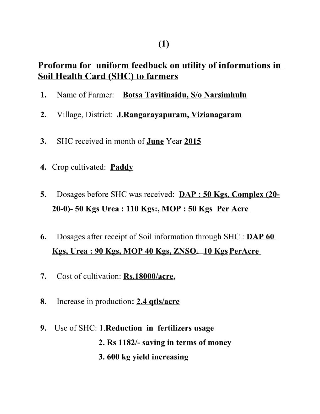 Proforma for Uniform Feedback on Utility of Informations in Soil Health Card (SHC) to Farmers