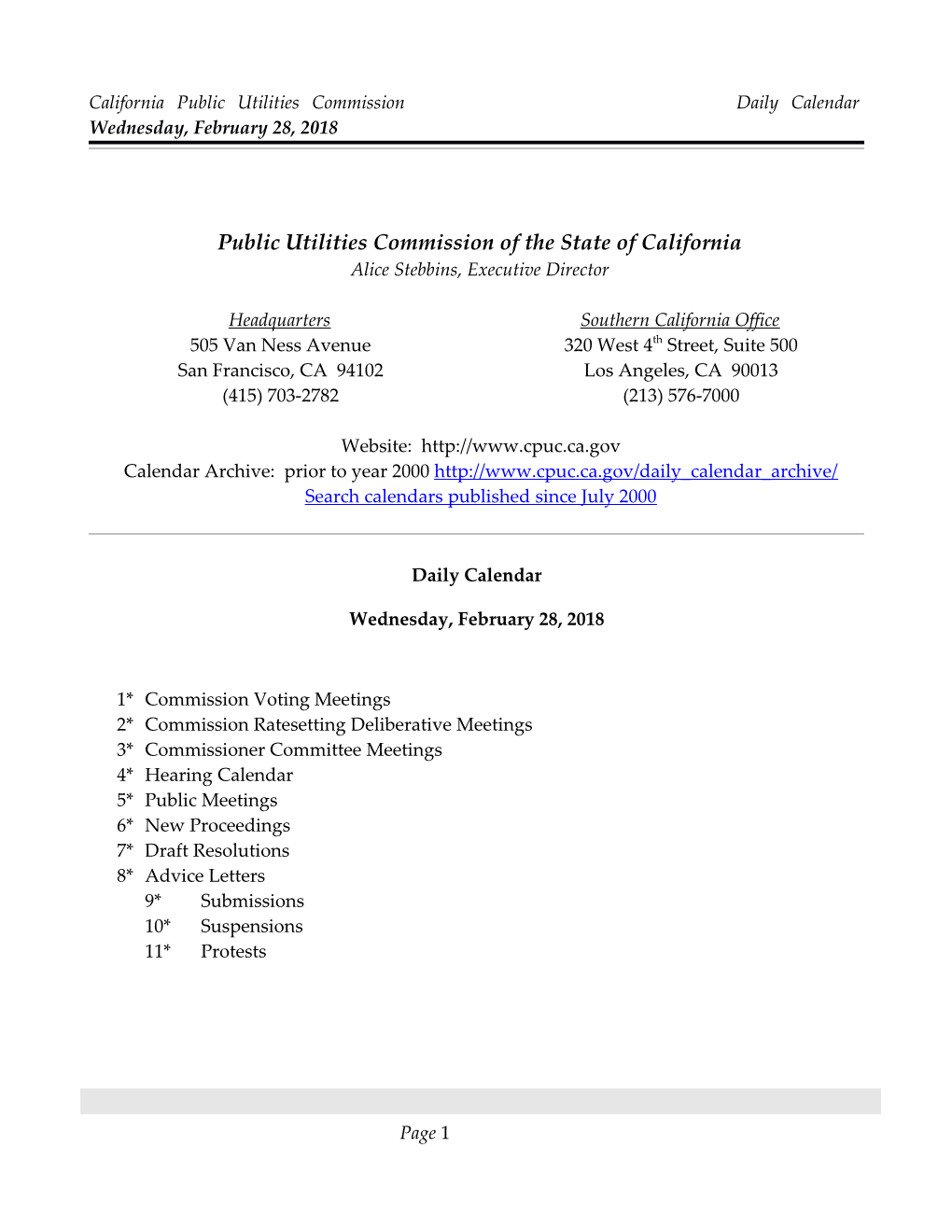 California Public Utilities Commission Daily Calendar Wednesday, February 28, 2018