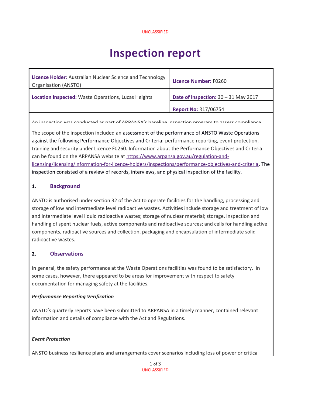 Inspection Report: Australian Nuclear Science and Technology Organisation (ANSTO) - Waste