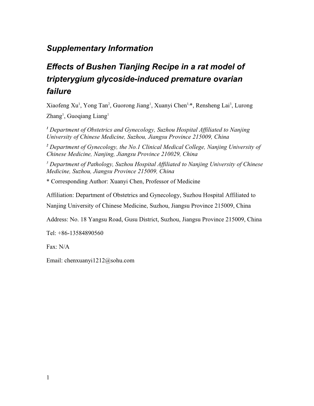 Therapeutic Effects of Bushen Tianjing Recipe on Tripterygium Glycosides Induced Rat Model