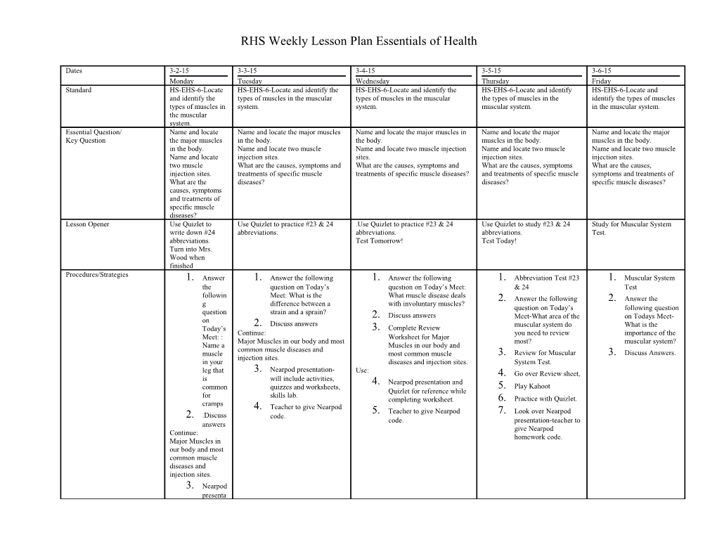 RHS Weekly Lesson Plan Essentials of Health