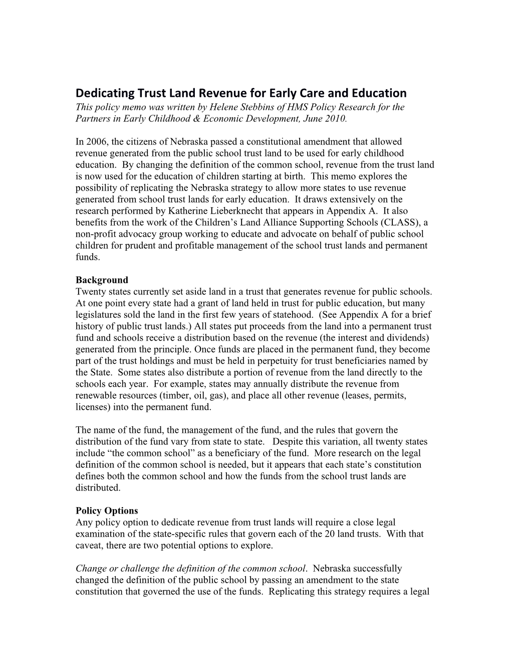 Dedicating Trust Land Revenue for Early Care and Education