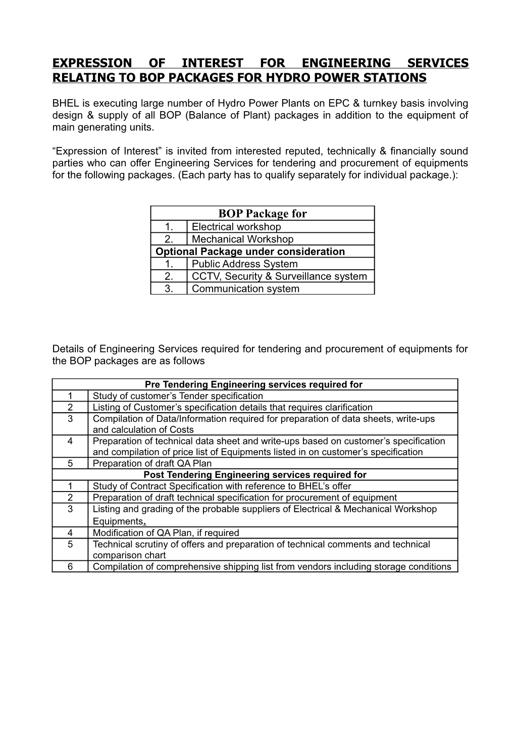 Expression of Interest for Bop S Packages for Hydro Power Stations