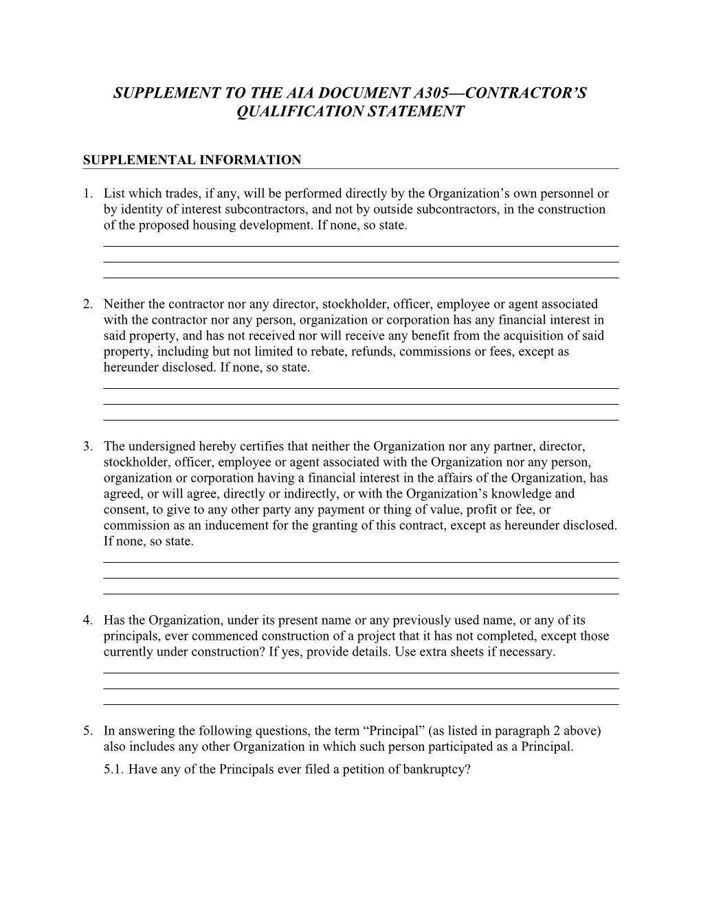 Supplement to the Aia Document A305 Contractor S Qualification Statement