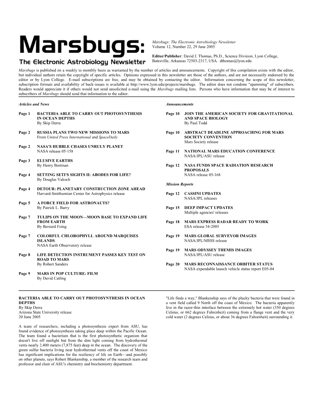 Marsbugs: the Electronic Astrobiology Newsletter , Volume 12, Number 22, 29 June 2005