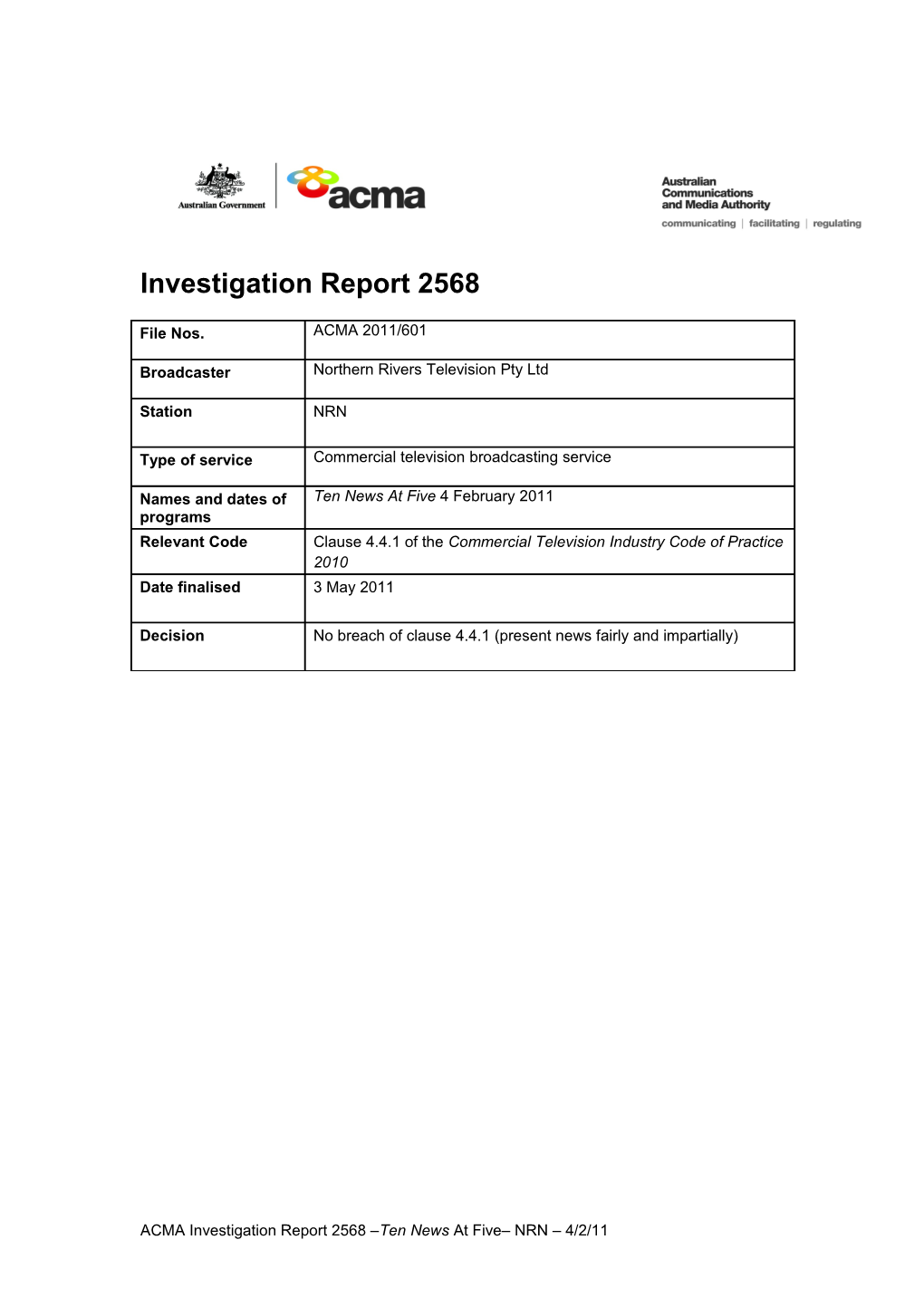 NRN - ACMA Investigation Report 2568