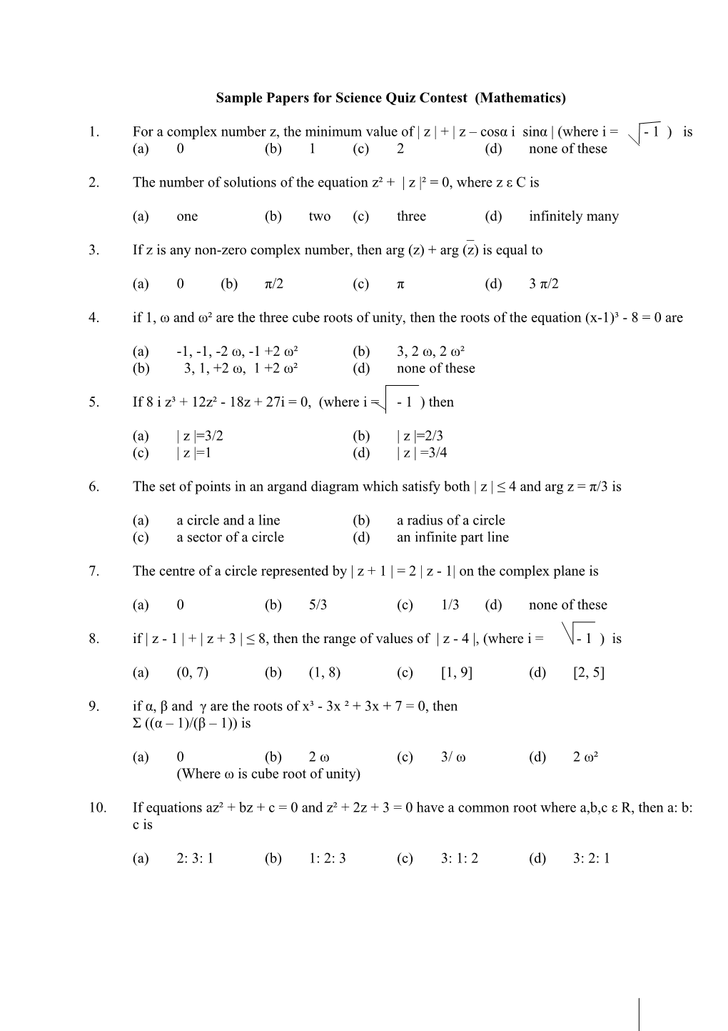 Sample Papers for Science Quiz Contest (Mathematics)