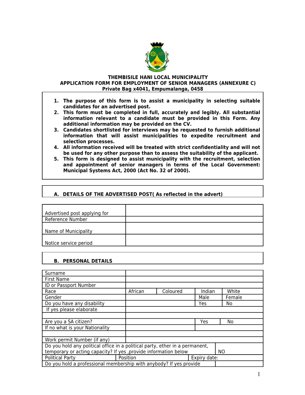 Application Form for Employment of Senior Managers (Annexure C)