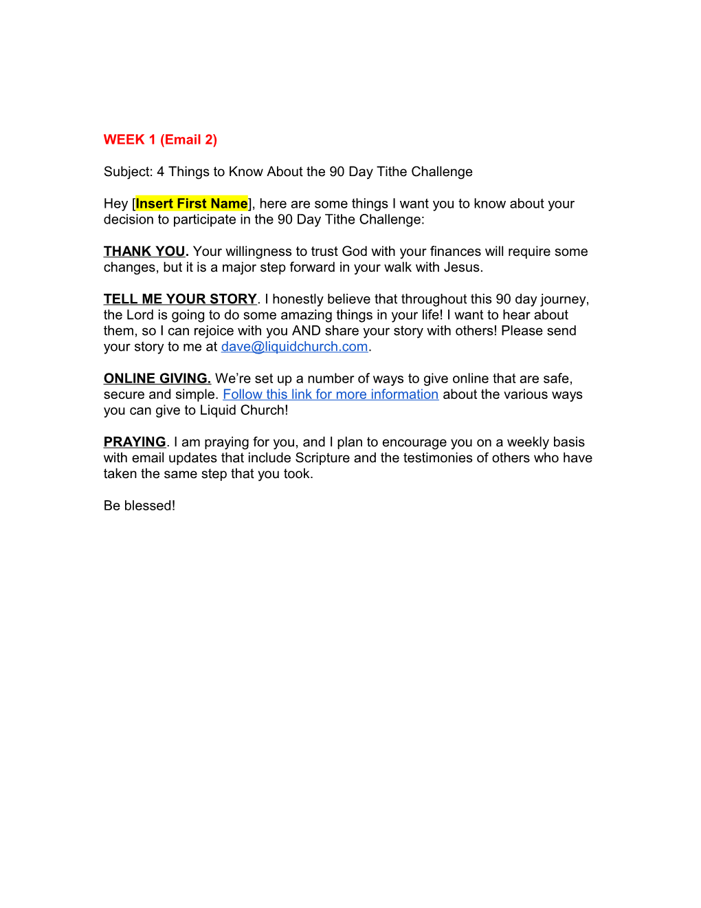 TITHE CHALLENGE Weekly Follow-Up Emails