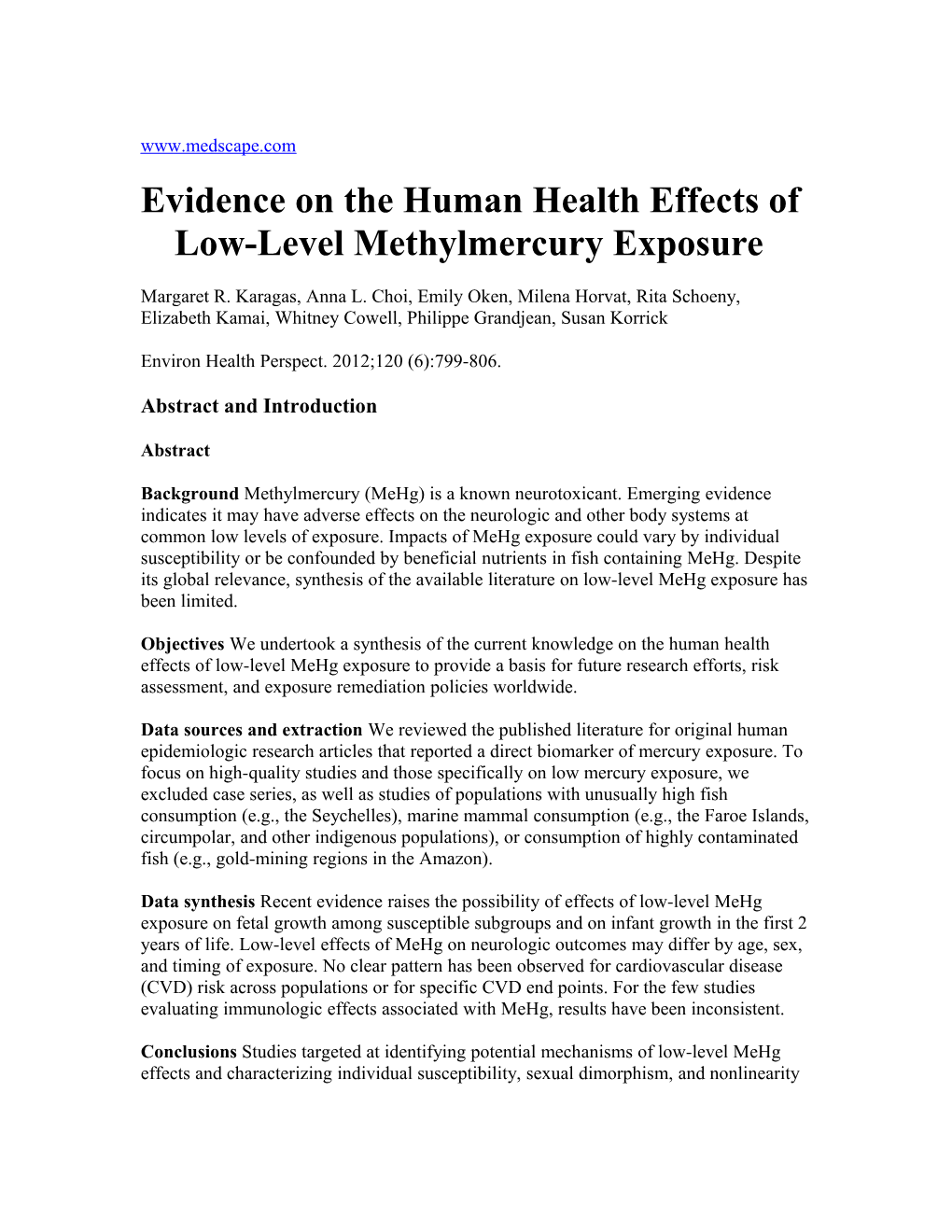 Evidence on the Human Health Effects of Low-Level Methylmercury Exposure