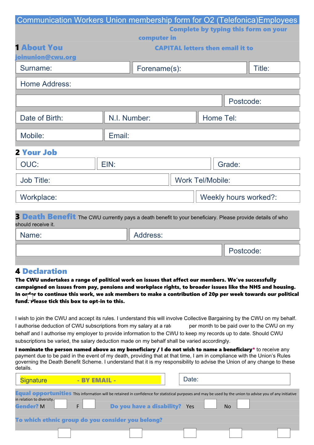 Communication Workers Union Membership Form for O2 (Telefonica)Employees