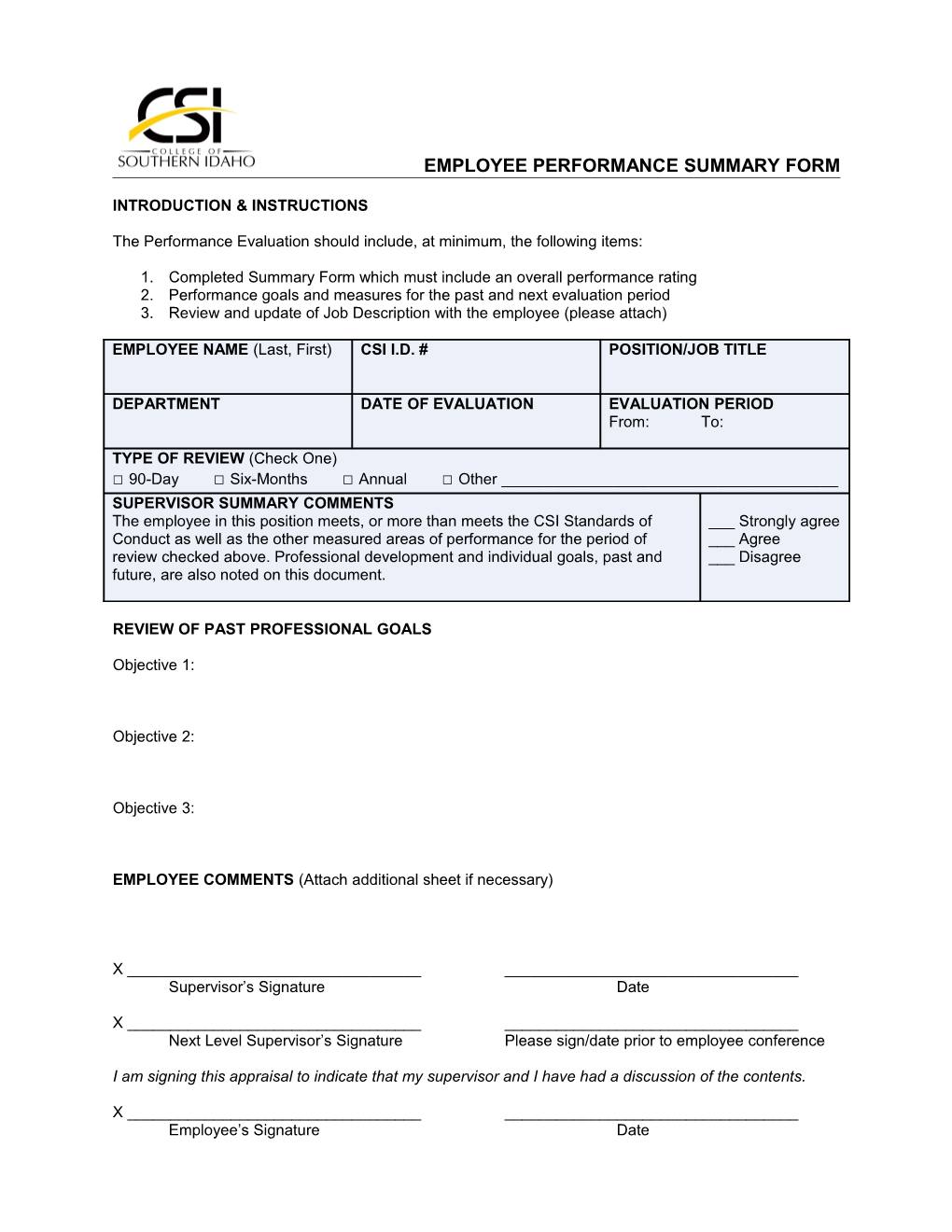Employee Performance Summary Form