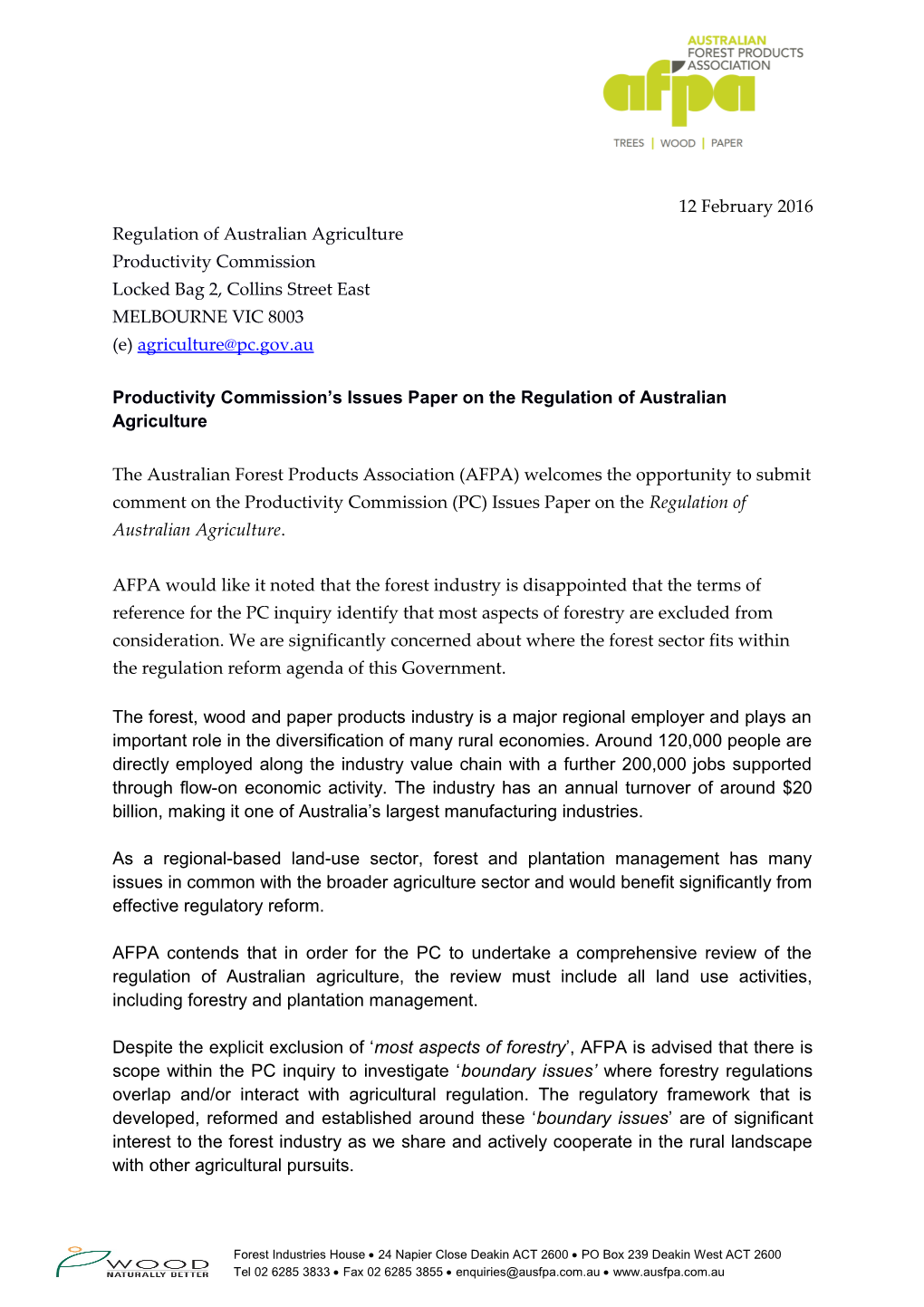Submission 11 - Australian Forest Products Association - Regulation of Agriculture - Public