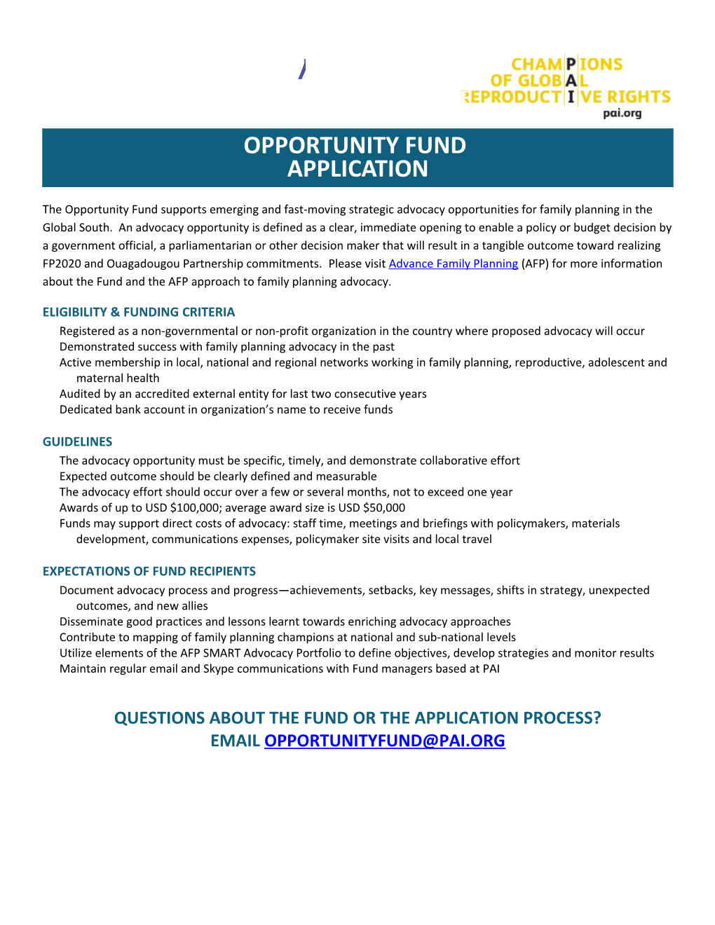 Opportunity Fund Application