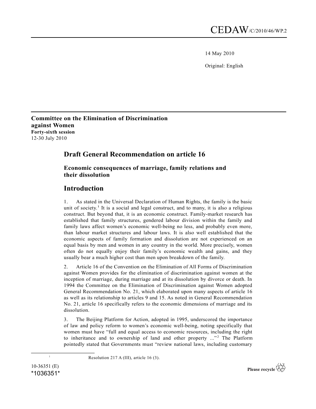 Draft General Recommendation on Article 16