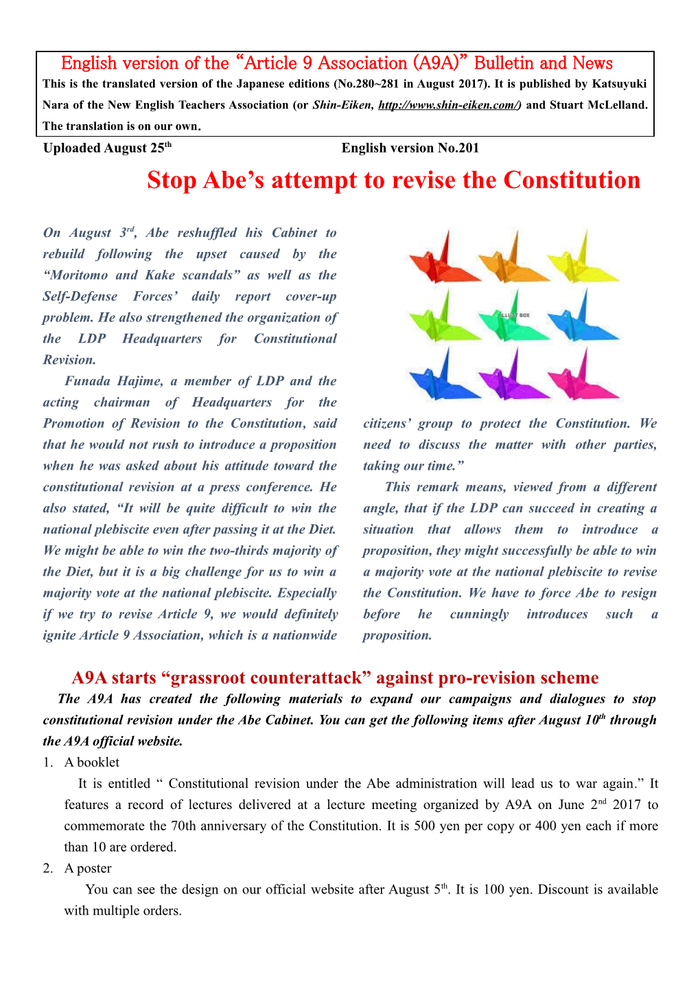 Stop Abe S Attempt to Revise the Constitution