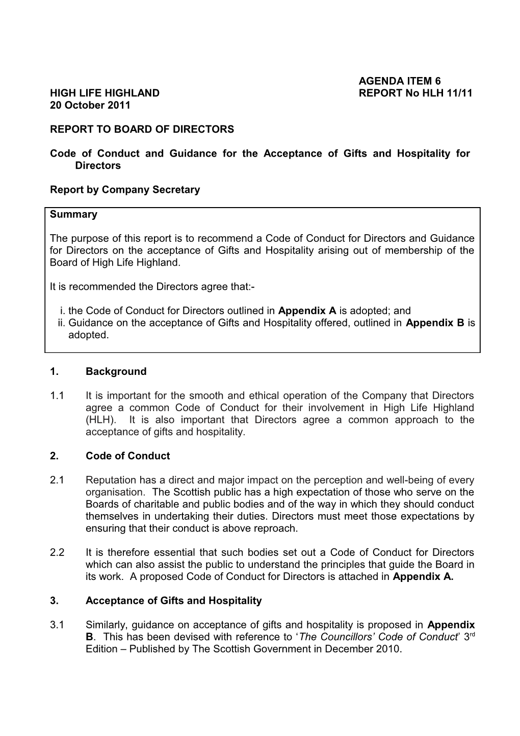 Code of Conduct and Guidance for the Acceptance of Gifts and Hospitality for Directors