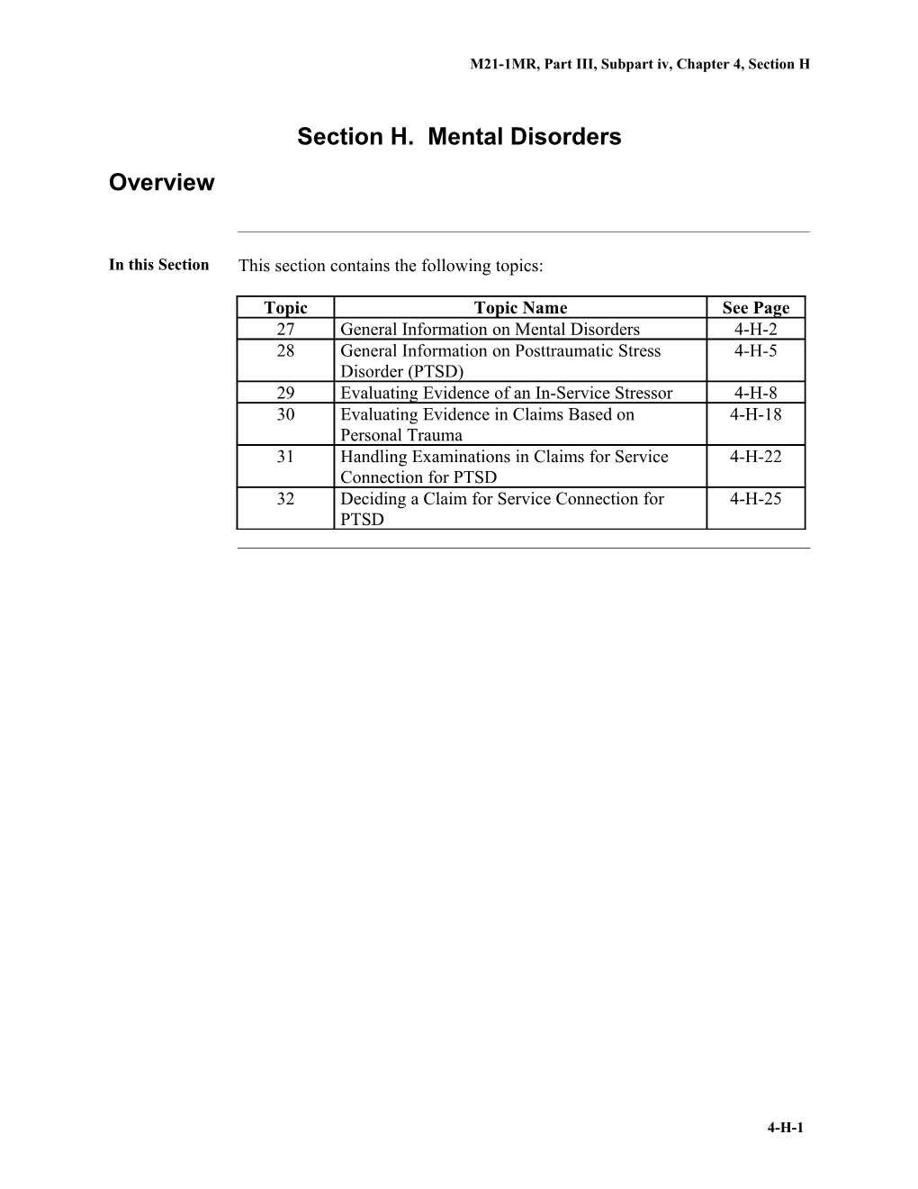 Section H. Mental Disorders (U.S. Department of Veterans Affairs)