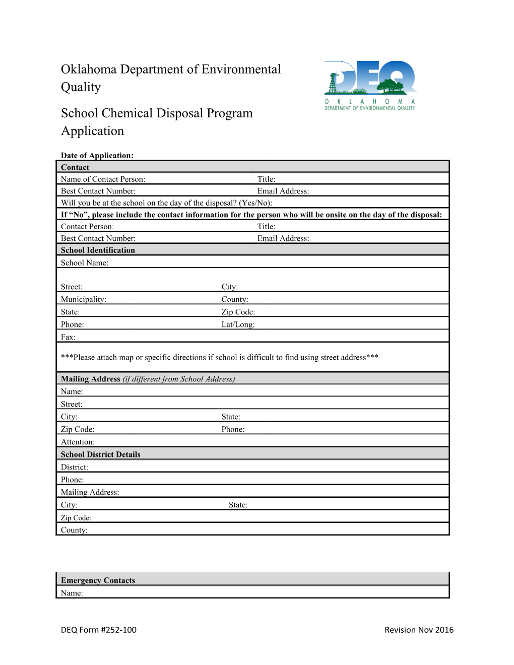 School Chemical Disposal Program Application