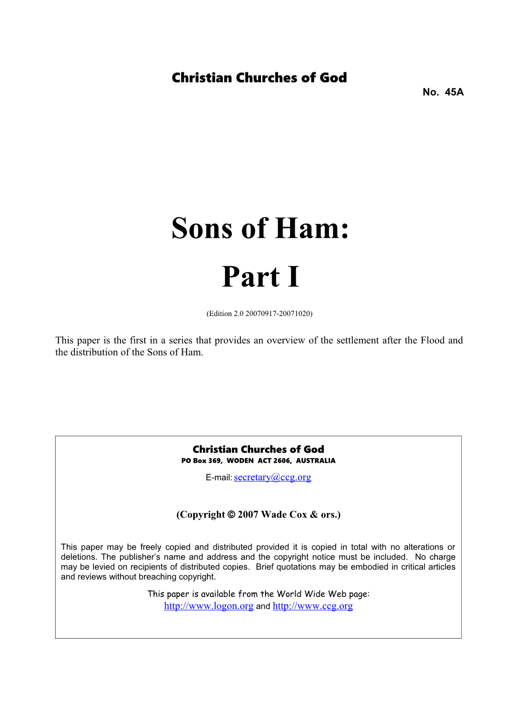 Sons of Ham: Part I (No. 45A)