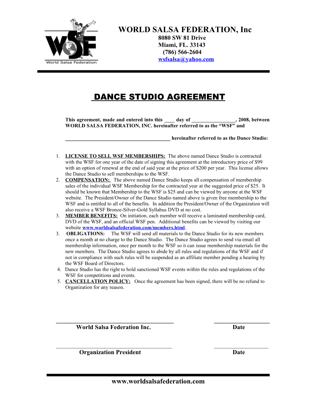 Dance Studio Agreement