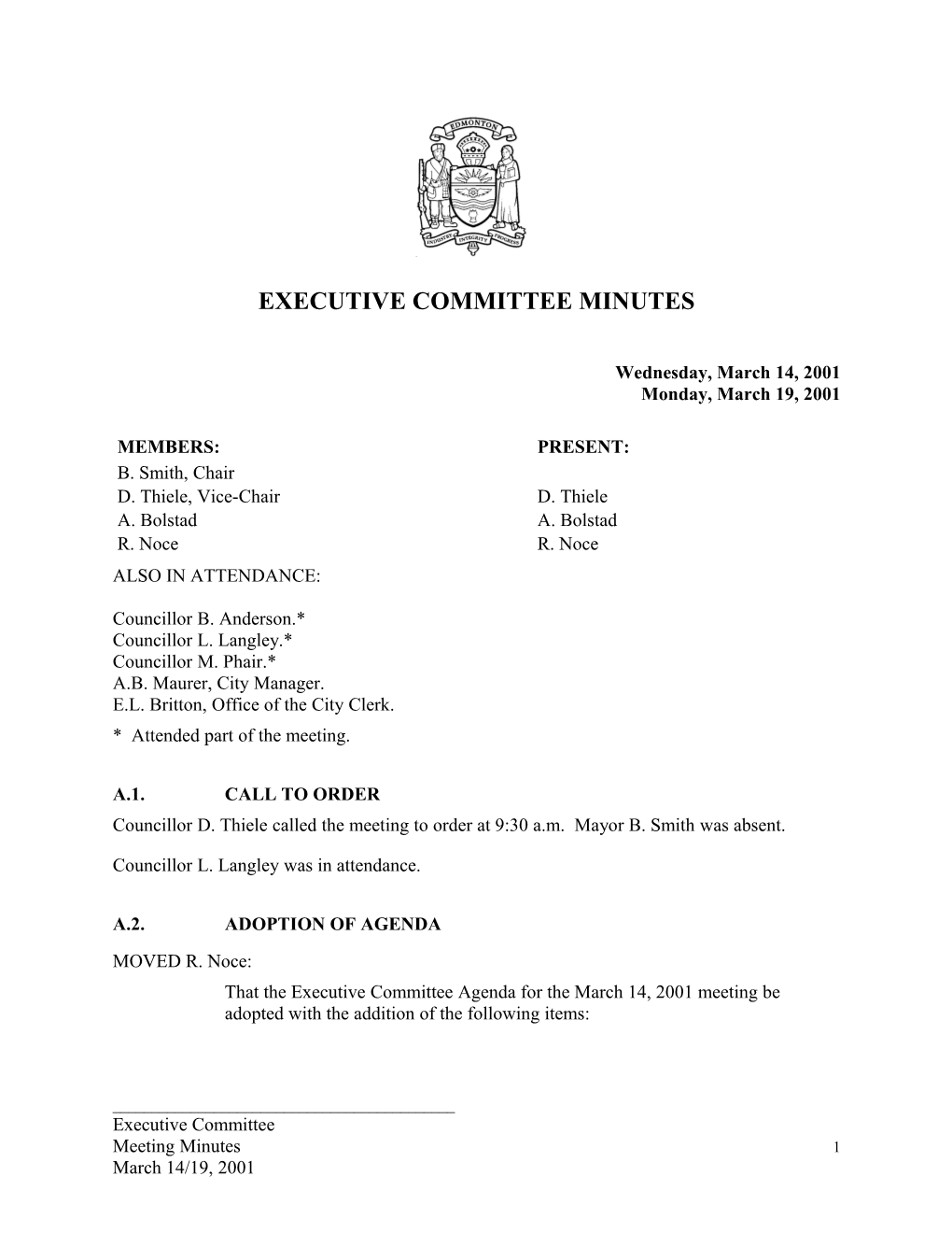 Minutes for Executive Committee March 14, 2001 Meeting