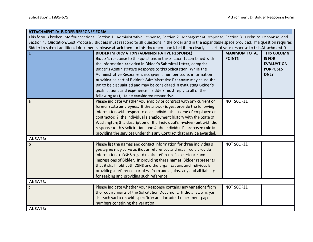 Solicitation #1835-675Attachment D, Bidder Response Form