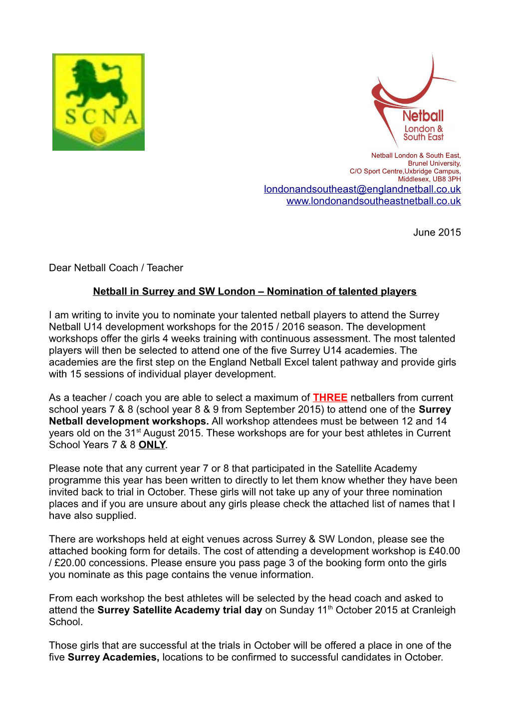 Netball in Surrey and SW London Nomination of Talented Players