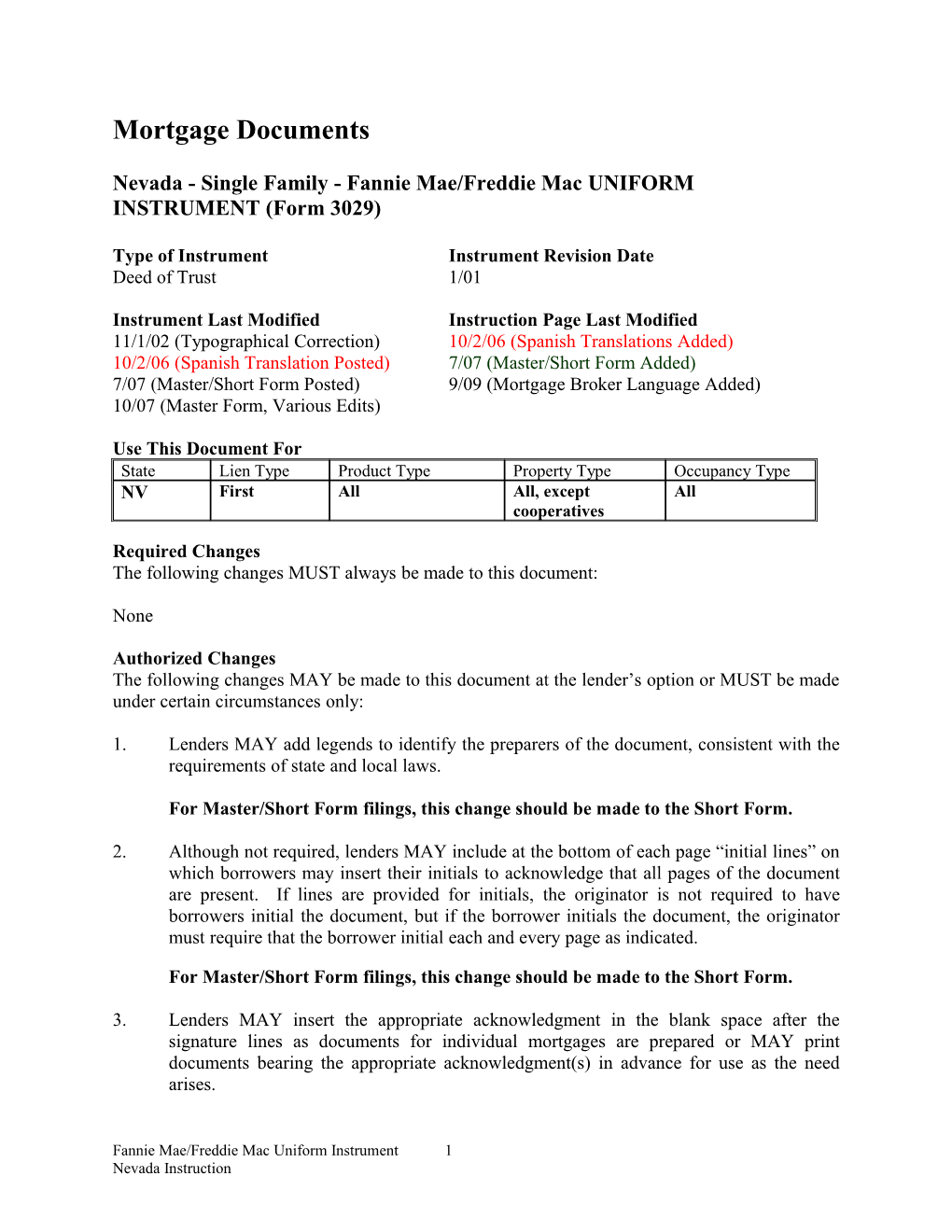 Instructions: Nevada Security Instrument (Form 3029)