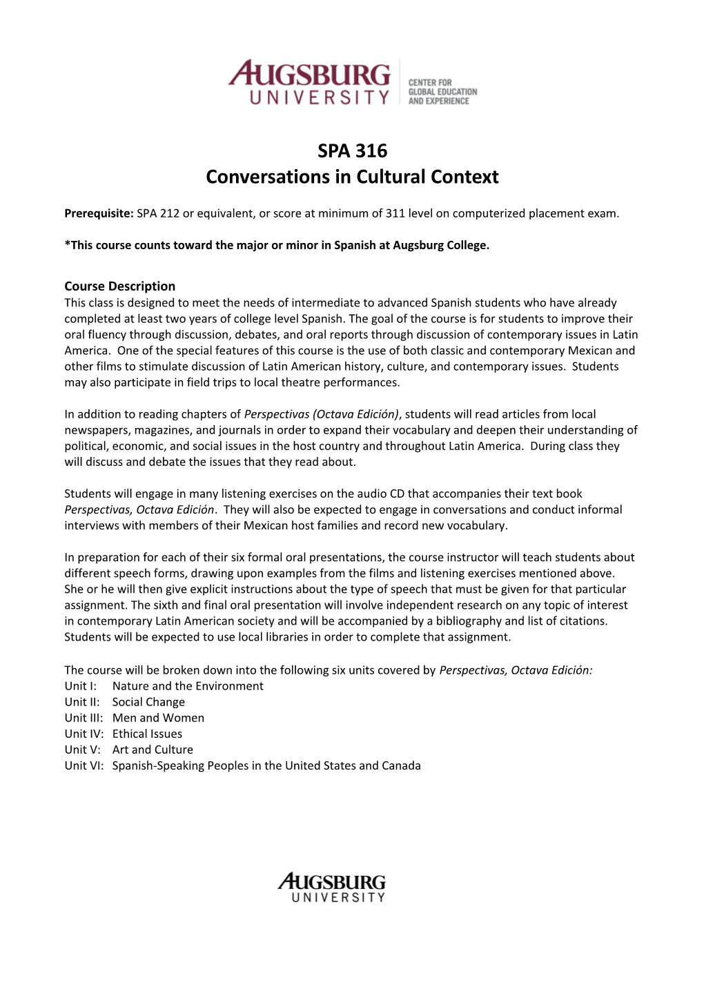Syllabus for SPA 316: Conversations in Cultural Context