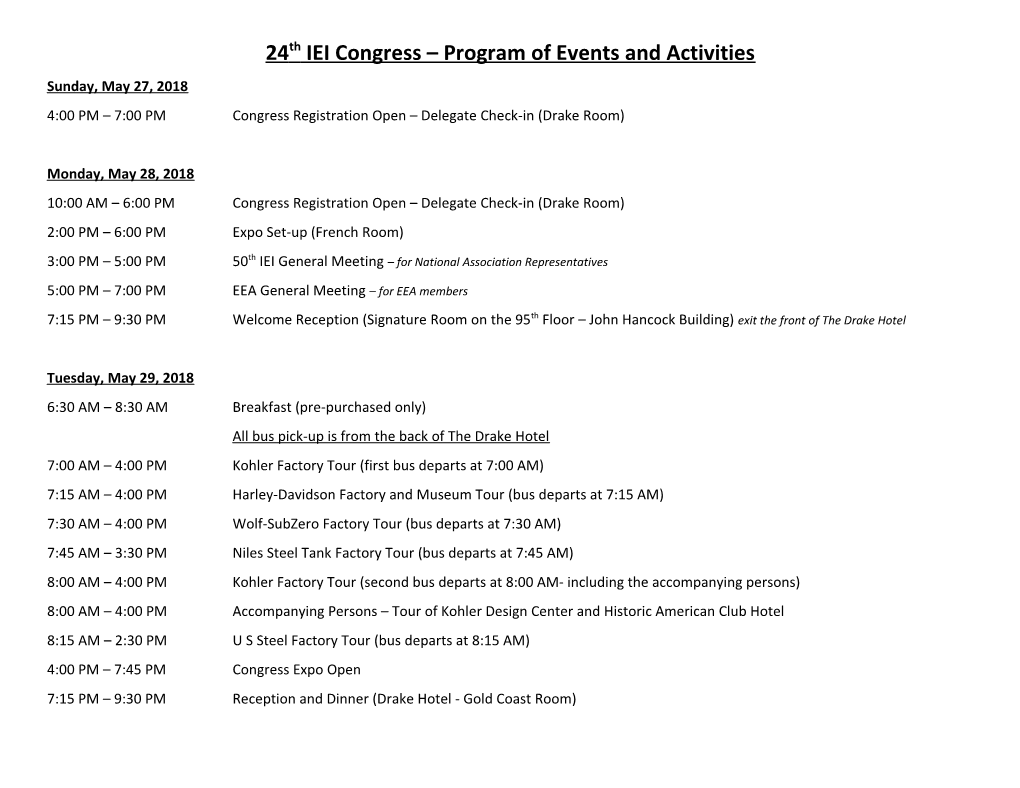 24Th IEI Congress Program of Events and Activities