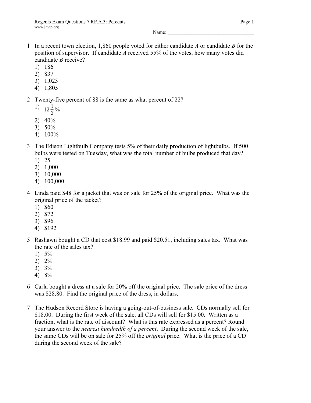 Regents Exam Questions 7.RP.A.3: Percentspage 1